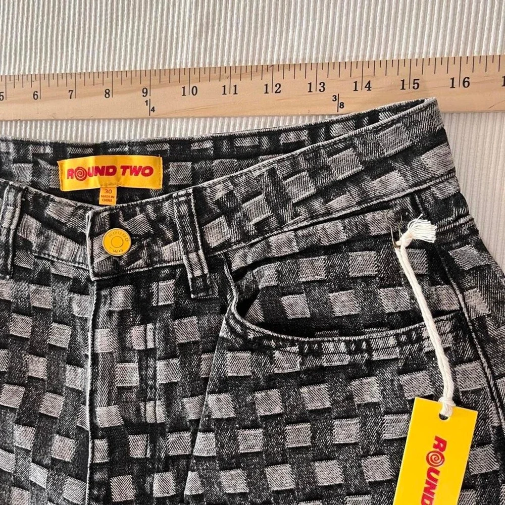 Round Two Basket Weave Checkerboard Denim Jeans Black Grey Mens 30 NEW